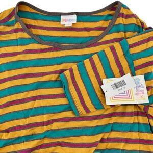 LuLaRoe Irma Tunic Small, Striped Top, Yellow Teal Pink, Oversized Comfy Casual